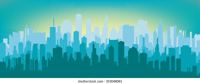 Silhouette of the city at sunrise.