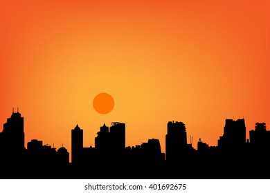 silhouette city and sunset for background
