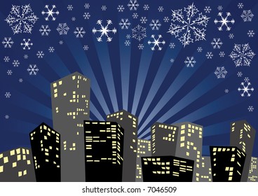 Silhouette of the city in the winter night