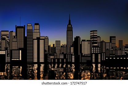 silhouette of cityscape new york city downtown with light from windows and water reflection at evening sky