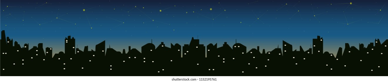 Silhouette of cityscape at night with stars on the sky.