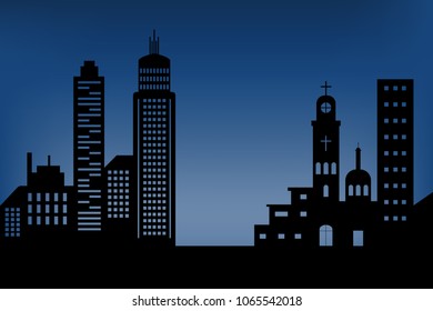silhouette cityscape skyscrapers icon. black design flat style on  blue deep background with copy space Illustration vector