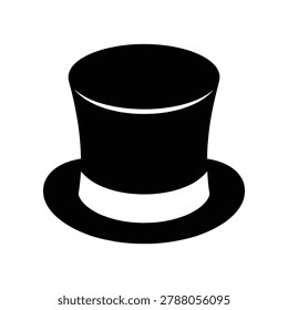 Silhouette of a classic black top hat with a white band, isolated on a white background, evoking a sense of elegance and vintage charm.