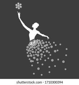 Silhouette of classic dancer dressed in snowflakes on grey blackground