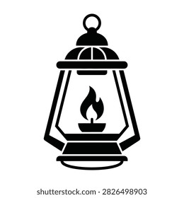Silhouette of a classic lantern with a burning flame inside representing light in darkness. Ideal for camping, hiking, outdoor adventure, and vintage design themes.