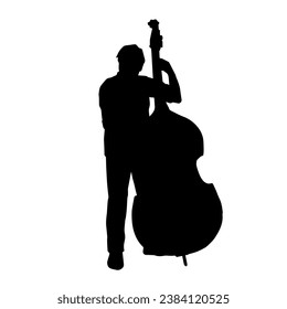 Silhouette of a classic musician playing contrabass or double bass string musical instrument.