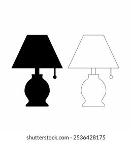 Silhouette of Classic Table Lamp with Pull Switch - Vector Illustration.Black and White Table Lamp Silhouette with Outline - Home Decor Icon. isolated on the white background