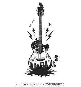 Silhouette Classical guitar or Electric guitar, Iconic Guitar Silhouette Vector for Classic and Contemporary Music