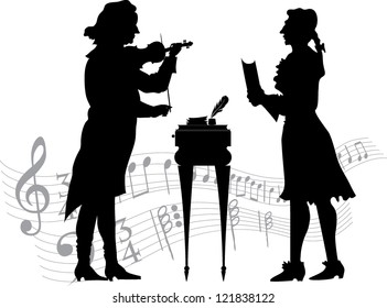 Silhouette of a classical musician with a violin on a background with notes
