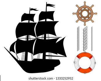 silhouette of classical ship with sea objects, travel motives