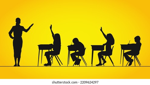 Silhouette of classroom with Teacher and students vector illustration