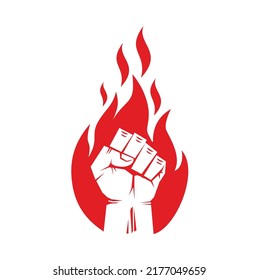 Silhouette of clenched fist of raised hand against the background of  flame. Vector on transparent background