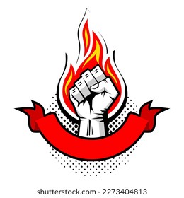 Silhouette of clenched fist of raised hand against the background of  flame. Vector template for you text on transparent background