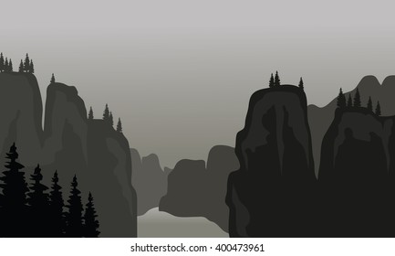 Silhouette of the cliff with gray backgrounds