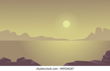 Silhouette of cliff and lake landscape vector illustration