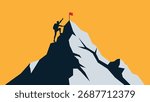 A silhouette of a climber is captured mid-ascent on a rugged mountain, reaching for the summit where a red flag awaits, embodying the struggle and dedication required to reach one