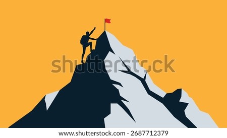 A silhouette of a climber is captured mid-ascent on a rugged mountain, reaching for the summit where a red flag awaits, embodying the struggle and dedication required to reach one's highest goals.