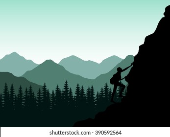 Silhouette climber the girl  woman climbing the mountain and backpack back  Dangerous rise in mountains  Rock  climber against mountains   dense evergreen forest  Image in green tones