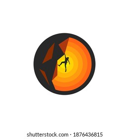 Silhouette of a climber hanging on a rock on one arm solo climbing athlete at sunset, mountaineer logo, creative round emblem for t-shirt  print, extreme sport illustration.
