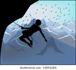 Silhouette climber on mountain background 