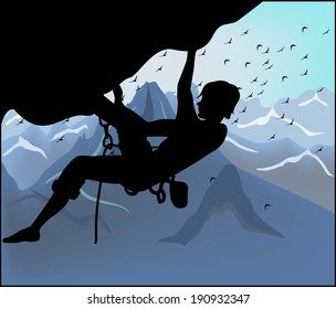 Silhouette climber on mountain background 