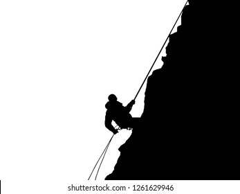 Silhouette of the climber on the rope. Explorer on rope. Black and white illustration. Isolated Vector Illustration. EPS 10