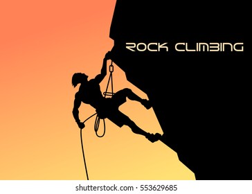 silhouette of a climber on sunset background