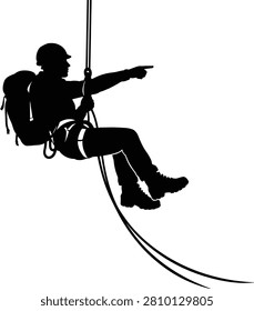 Silhouette of climber rappelling with rope harness helmet and backpack symbolizing adventure mountaineering and outdoor exploratio.eps
