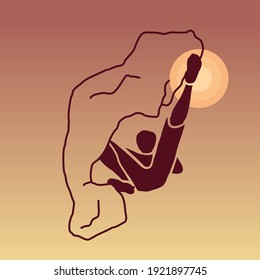 Silhouette of a climber. Rock climbing badge. Men doing extreme sport, adrenaline activity of strong men. Climber without a rope. EPS 10