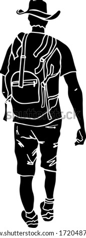 Silhouette of a climber or traveler in a hat and with a backpack. Wanderer. Travelers or tourist with climbing backpacks. Vector illustration on white background. For cards, posters, stickers design. 