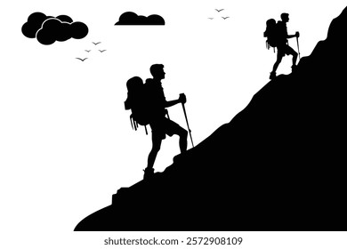 Silhouette of a climber, Trekking, Travel and mountain, Hiking vector illustration. 
Hiking vector icon, silhouette. Hiking man silhouette, vector. 