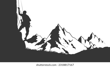Silhouette of the climber who is climbing up the mountain against the ridge. 3D Illustration