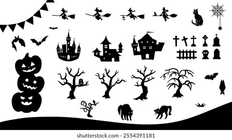 Silhouette Clip art set of Halloween witch and pumpkin