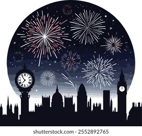 A silhouette of a clock striking midnight, surrounded by fireworks and confetti, symbolizing the start of a new year vector illustration