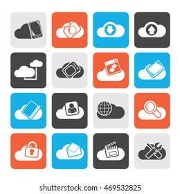 Silhouette cloud services and objects icons - vector icon set