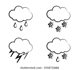 Silhouette von Wolken und Niederschlag auf weißem Hintergrund. Kollektion. Vektorgrafik.
