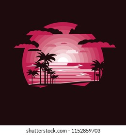 Silhouette clum palm on seaside scenery.Negative space.Pink colored.Flat design