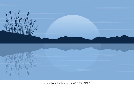 Silhouette of coarse grass on the lake scenery vector art