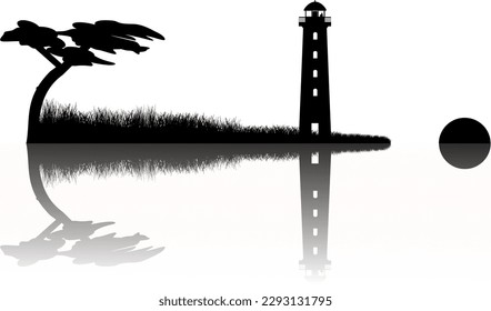 Silhouette: coastal landscape with lighthouse, dunes and tree at sunset