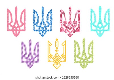 Silhouette coat of arms Ukraine in modern geometric style. Bright creative decorative design of trident. Vector ethnic traditional color illustration.