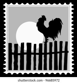 silhouette of the cock on postage stamps, vector illustration