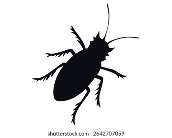 Silhouette of a Cockroach, A bold, solid black silhouette of a cockroach against a pure white background, cockroach, insect, pest, silhouette, black and white, simple, graphic, illustration, vector.