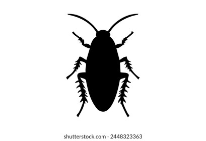 Silhouette of a cockroach on white backdrop. Black cockroach vector illustration. Concept of pest control, infestation, and home hygiene. For design, print and educational material.