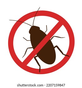 Silhouette of cockroach in prohibition sign. Icon of insect in red circle. Line graphic design. Vector illustration. Top view