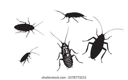 Silhouette of Cockroaches, A Black and White Vector Illustration of Various Cockroach Poses and Shapes in a Clean Graphic Style Showing Different Antennas and Legs