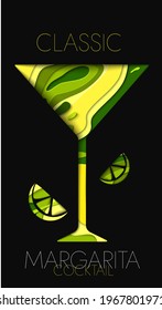 Silhouette of cocktail with alcohol or juice in minimalistic paper cut style. Concept for branding menu, cover, flyer, banner. Vector illustration.