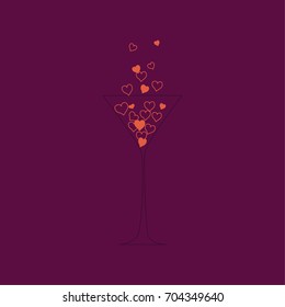 Silhouette of a cocktail glass with hearts inside. Vector illustration