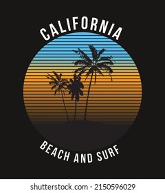 Silhouette coconut palm trees on california beach at sunset for t shirt