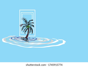 Silhouette coconut tree floating around with white wave.