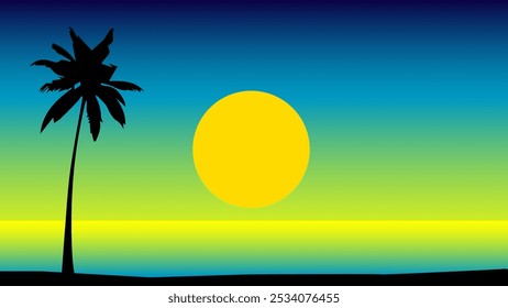 Silueta de un árbol de coco con un mar y puesta de sol en el fondo. Fondo de verano